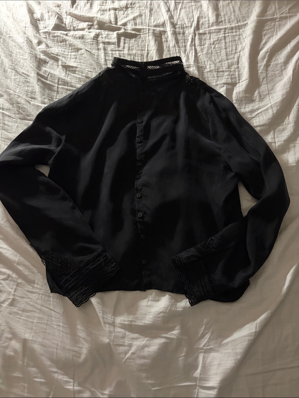 Zara Black Lace-Trim Button Down Shirt